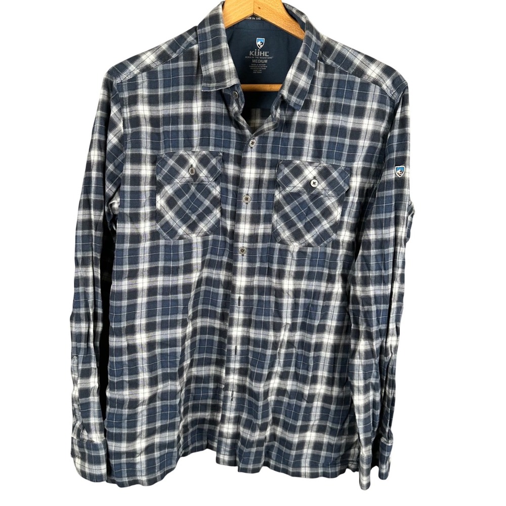 Kuhl Mens Blue White Plaid Long Sleeve Button Down Shirt Medium Cotton Tencel
